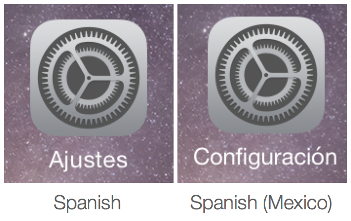 Difference between Spanish and Mexican Spanish as seen in the Settings app.